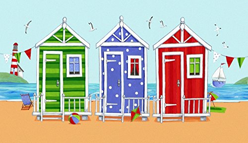 Beach Huts Poster Print by Peter Adderley showcasing colorful huts by the seaside.