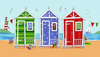 Beach Huts Poster Print by Peter Adderley showcasing colorful huts by the seaside.