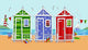Beach Huts Poster Print by Peter Adderley showcasing colorful huts by the seaside.