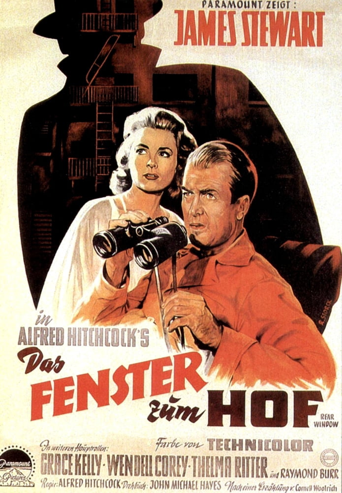 Rear Window movie poster featuring Grace Kelly and James Stewart, classic film art print.