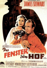 Rear Window movie poster featuring Grace Kelly and James Stewart, classic film art print.
