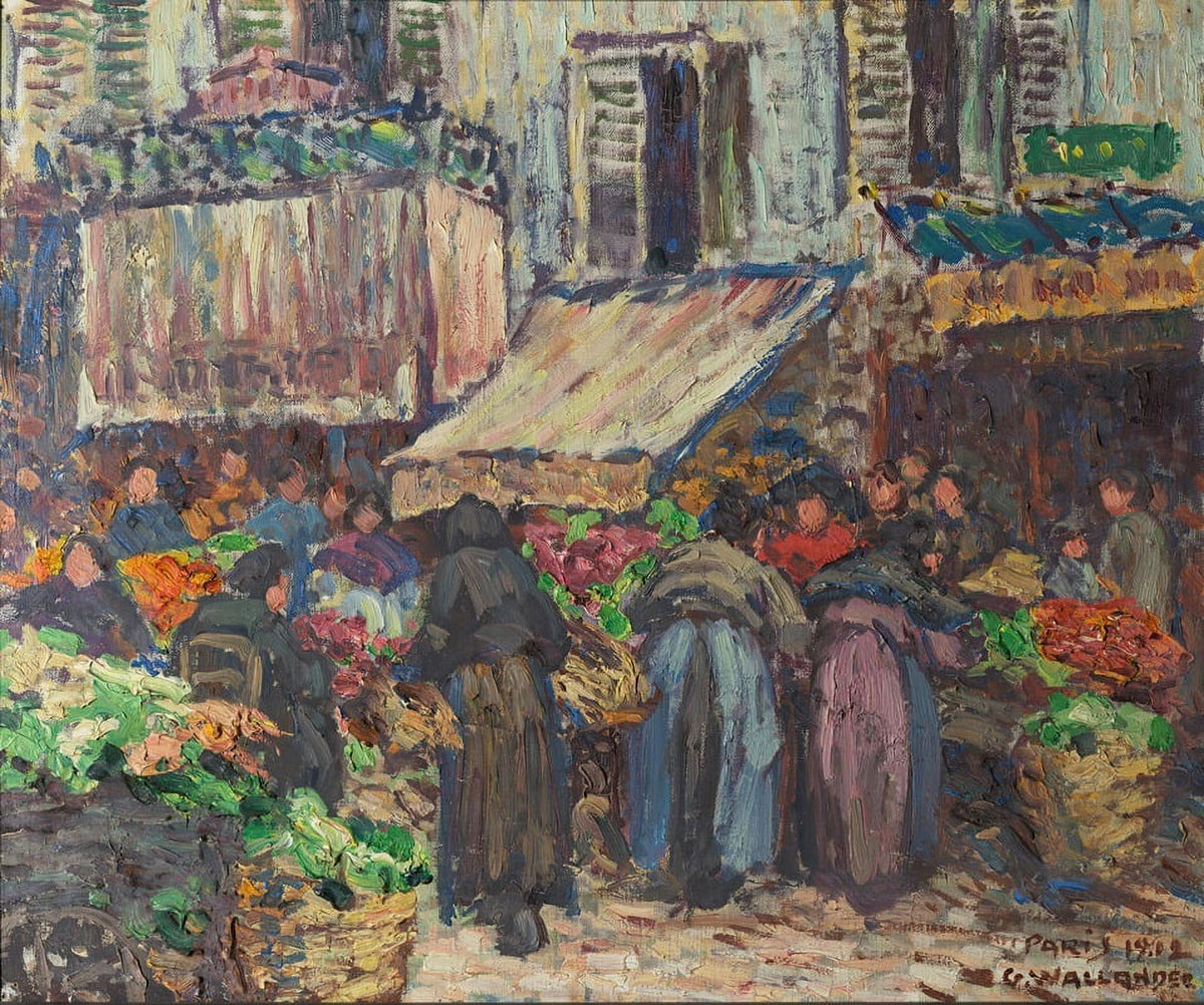 'From Les Halles Paris (1902)' art print by Gerda Wallander, showcasing a vintage Parisian market scene.