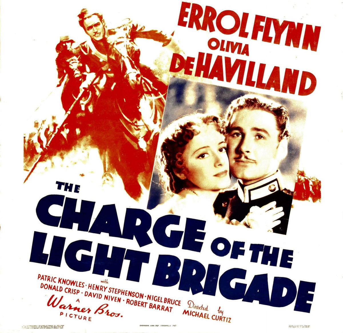 The Charge of The Light Brigade 1936 movie poster featuring Olivia De Havilland and Errol Flynn.