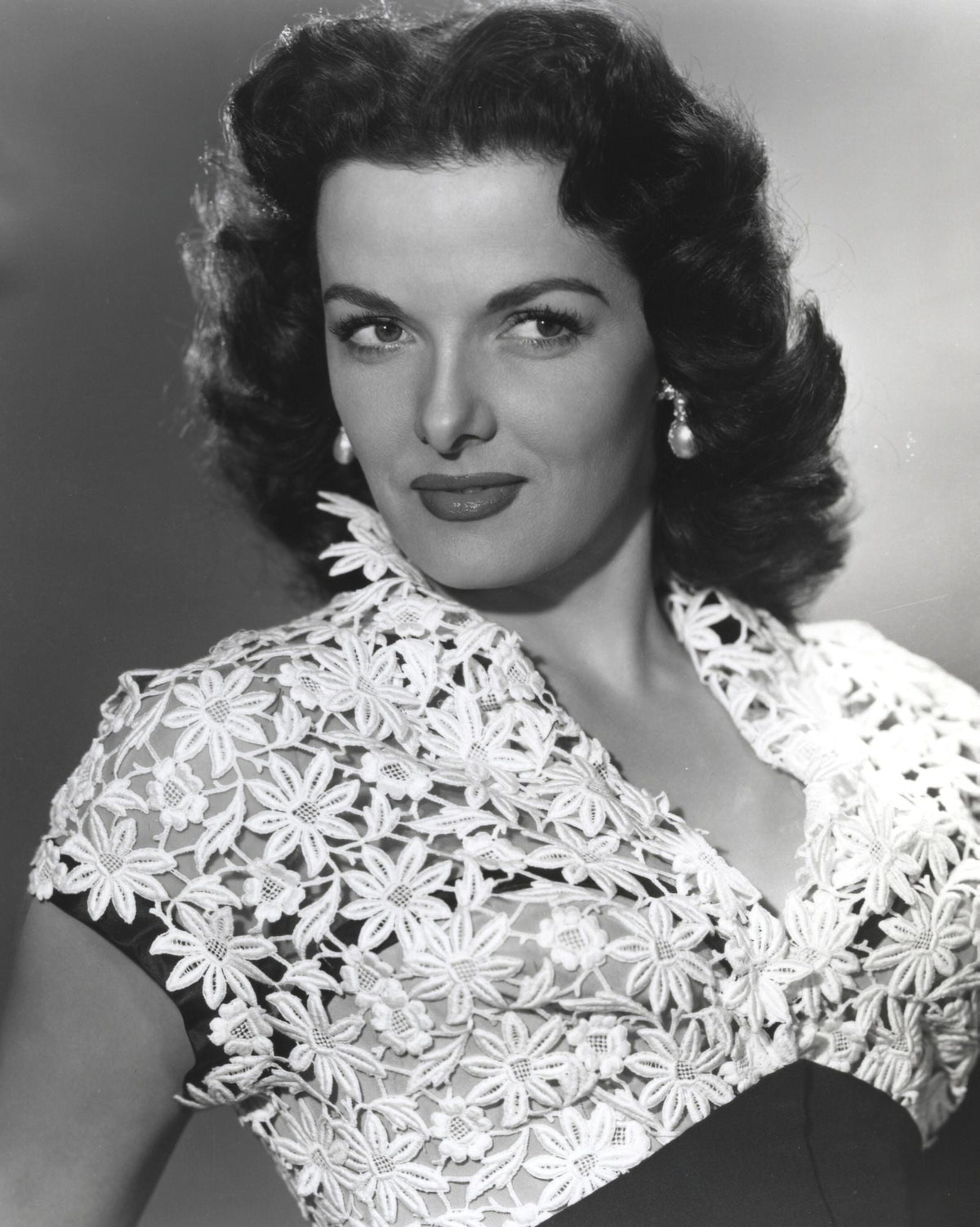 Jane Russell posing in a white lace top short sleeve dress photo print
