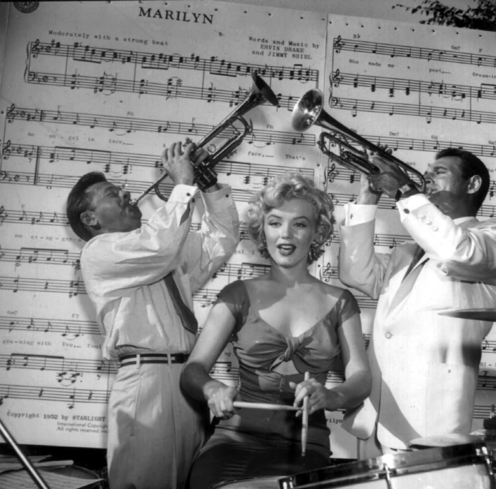 Marilyn Monroe photo print featuring Mickey Rooney and Ray Anthony playing instruments.