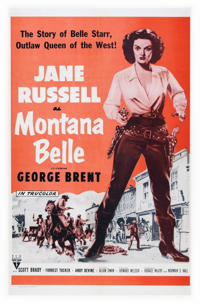 Montana Belle movie poster print featuring Jane Russell, 1952 classic film.