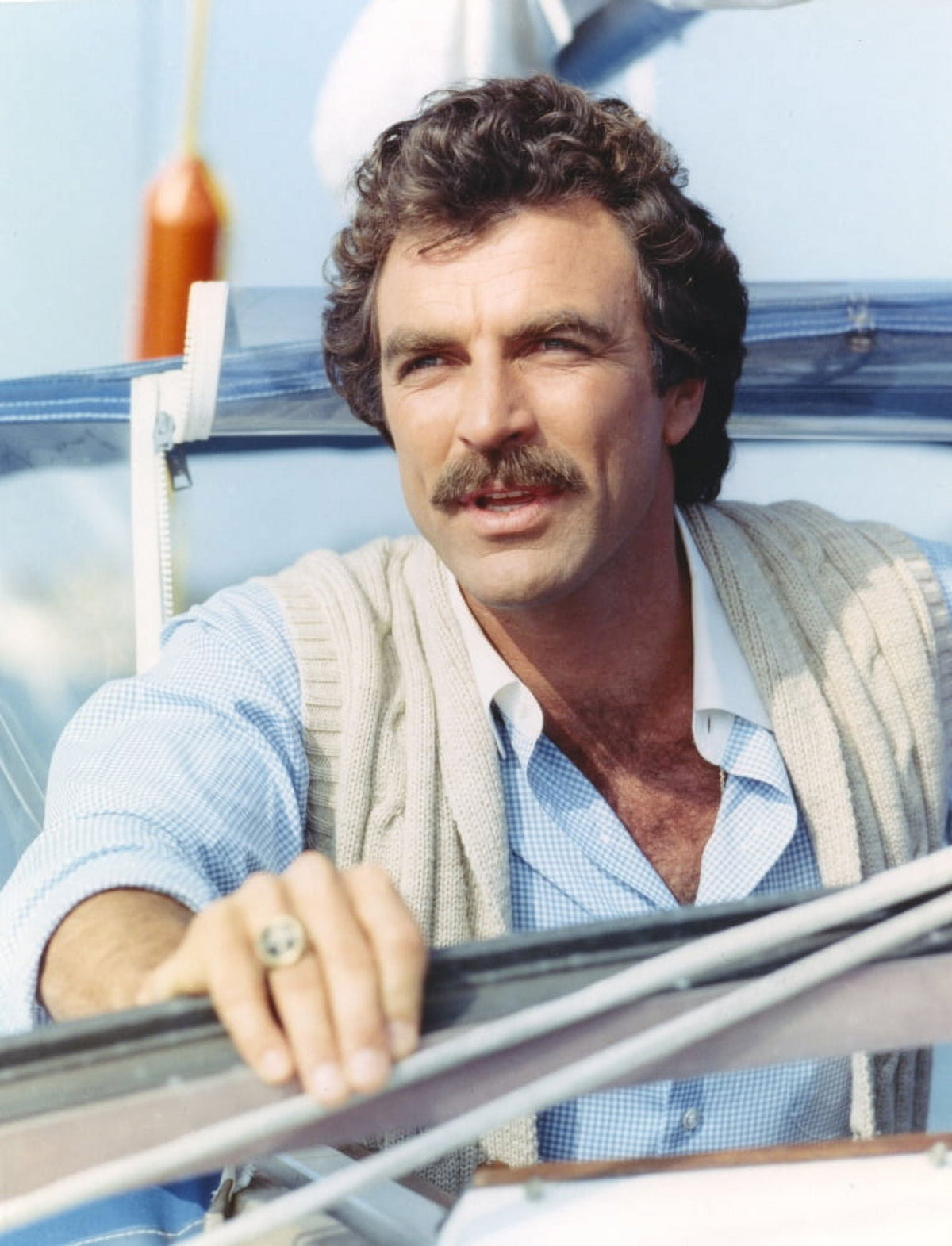 Tom Selleck portrait photo print in white vest and blue polo