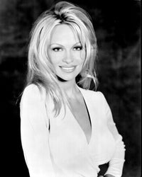 Pamela Anderson black and white photo print in low cut white top