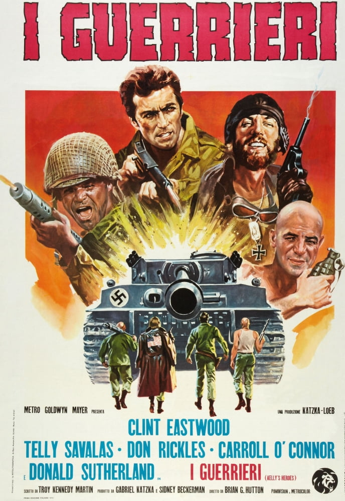 Kelly's Heroes movie poster featuring Don Rickles, Clint Eastwood, Donald Sutherland, Telly Savalas, Italian art print.
