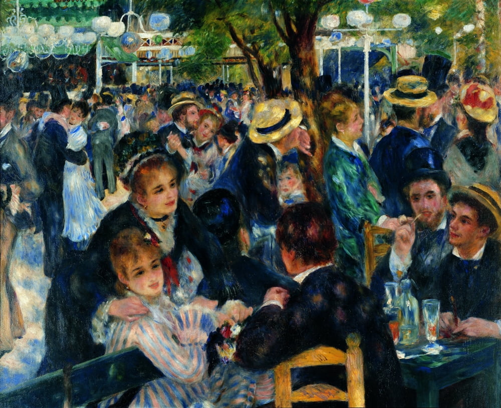 Dance at Le Moulin de la Galette poster print featuring vibrant colors and classic Parisian scene.