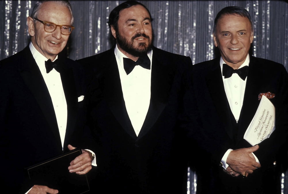 Frank Sinatra, Luciano Pavarotti, and Laurance Rockefeller at an event photo print.