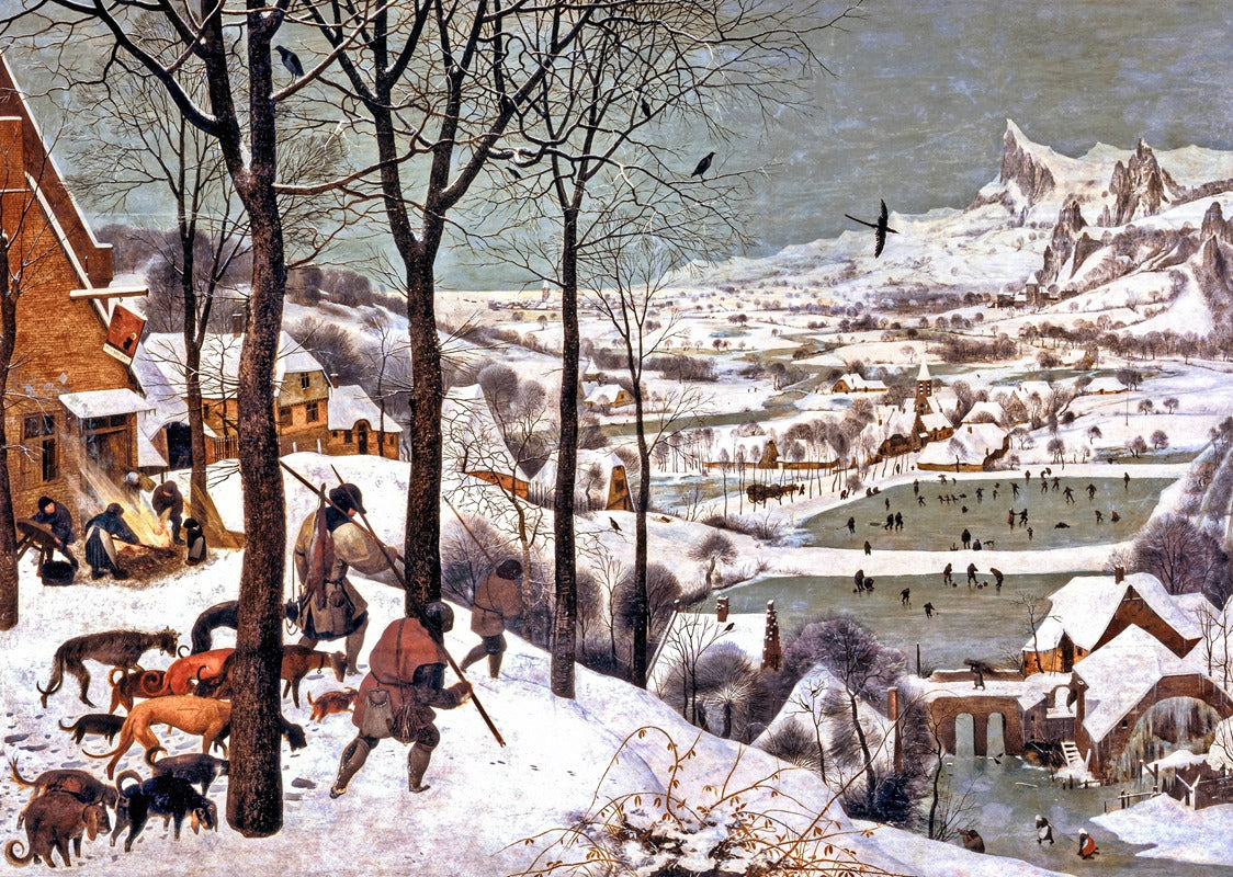 Hunters in the Snow art print by Pieter Bruegel The Elder showcasing a winter landscape.