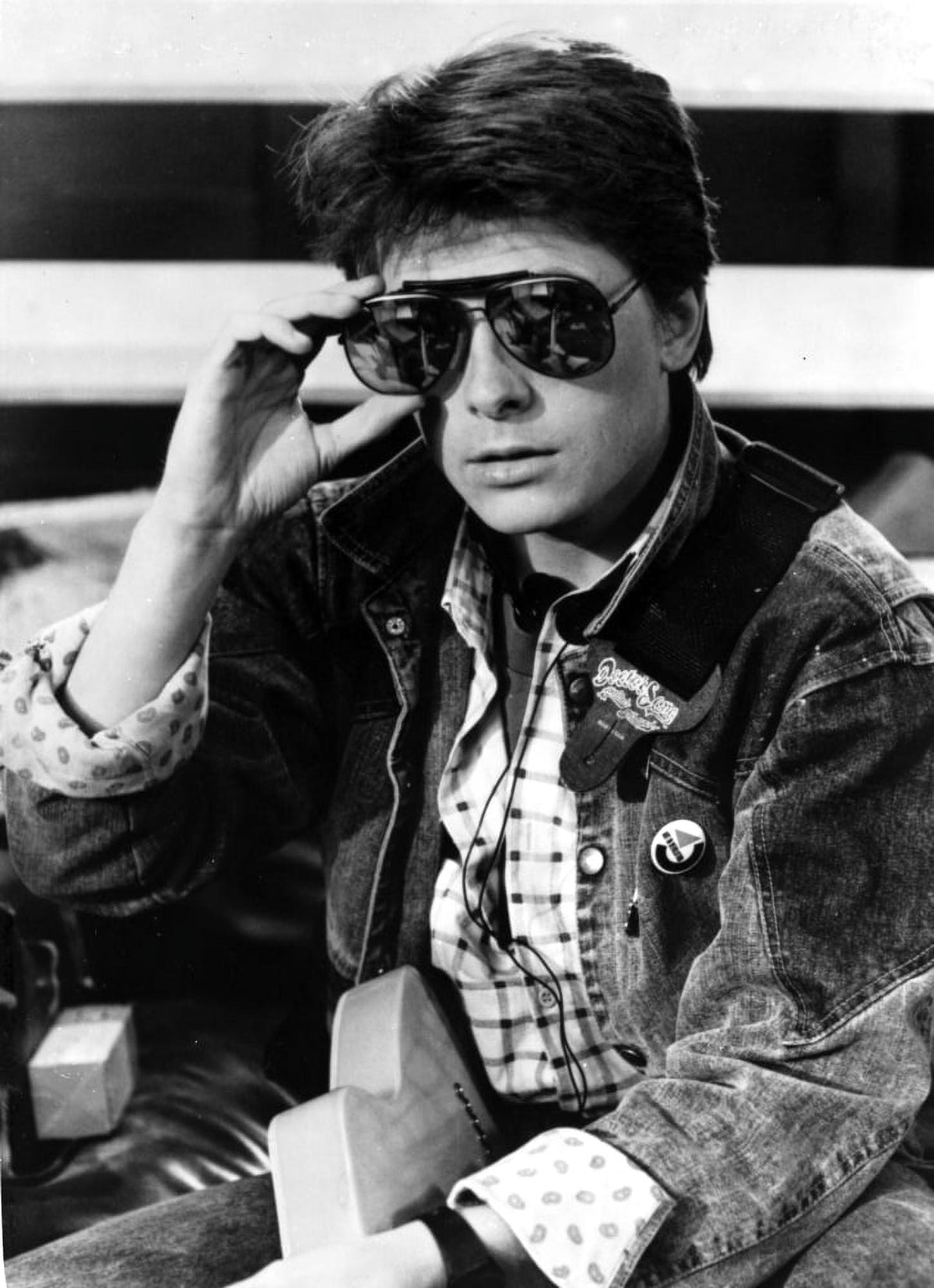 Michael J. Fox wearing aviator sunglasses and denim jacket photo print