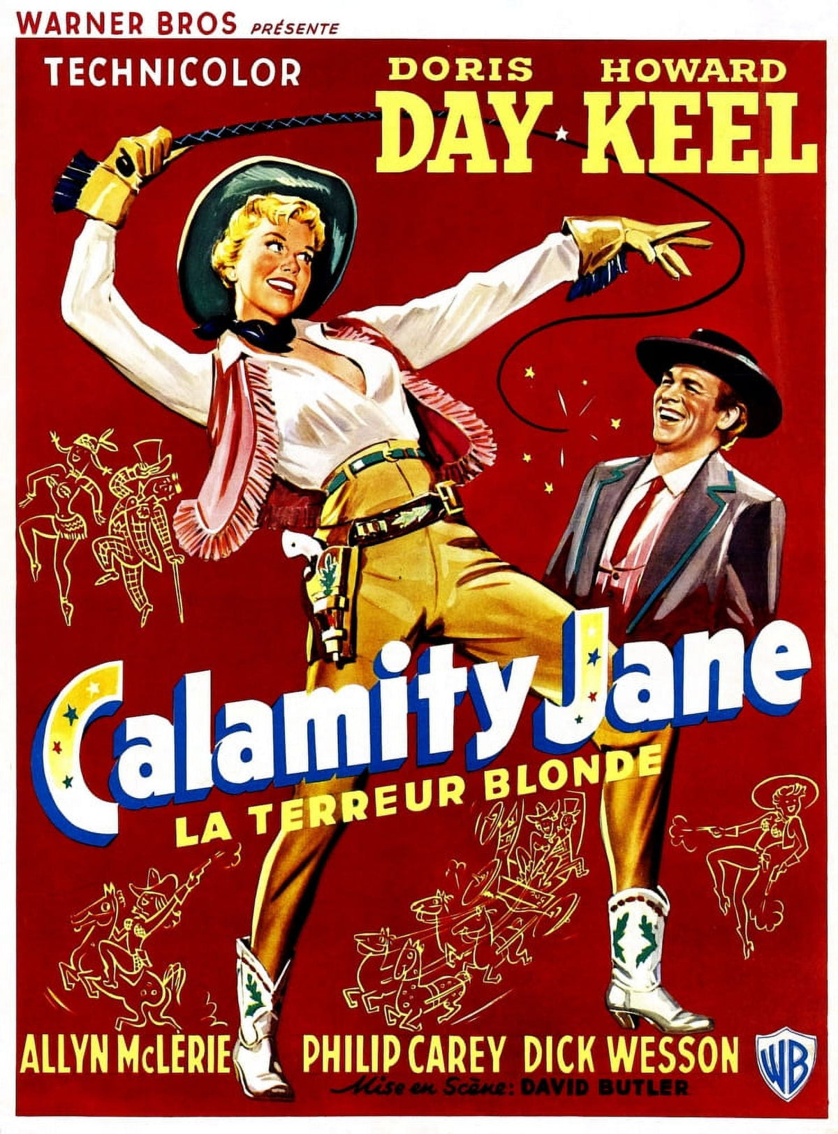 Calamity Jane movie poster print featuring Doris Day and Howard Keel, 1953.