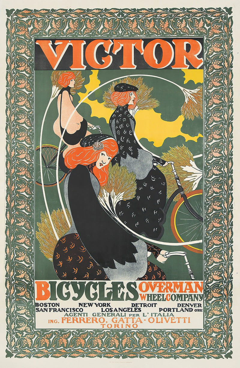 Victor Bicycles vintage poster print by Will Bradley showcasing early cycling culture.