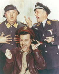 Hogan's Heroes photo print of a man in leather jacket with soldiers.