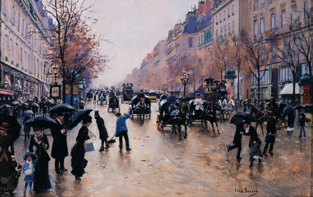 Le Boulevard Poissonnière sous la Pluie poster print by Jean Béraud, 1880, Paris street scene.
