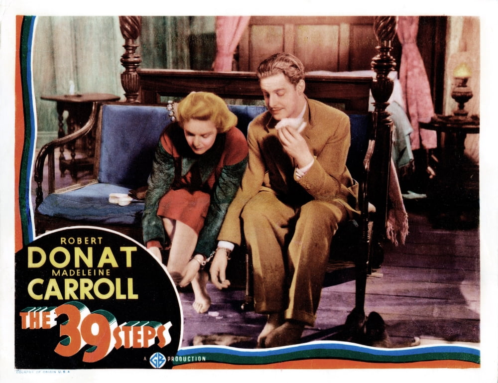The 39 Steps movie lobby card print featuring Madeleine Carroll and Robert Donat.