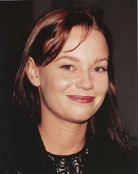 Close-up portrait photo print of Samantha Mathis with red lipstick.