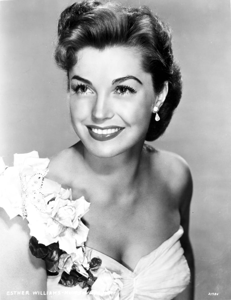 Esther Williams photo print in white tube gown with flowers, elegant pose.
