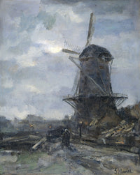 Mill At Moonlight by Jacob Maris poster print showcasing a windmill at night with a solitary figure.