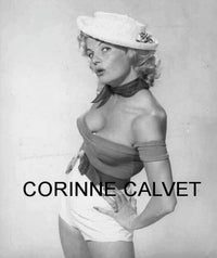 Corinne Calvet photo print in white hat, vintage Hollywood decor.