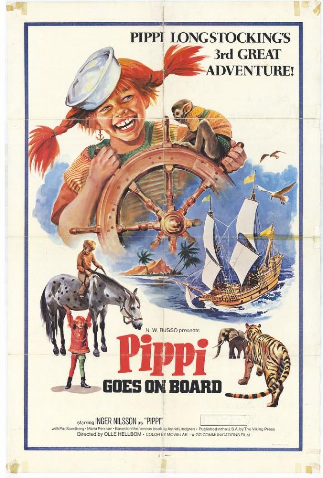 Pippi Goes on Board movie poster print featuring vibrant colors and whimsical design.