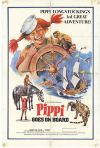 Pippi Goes on Board movie poster print featuring vibrant colors and whimsical design.
