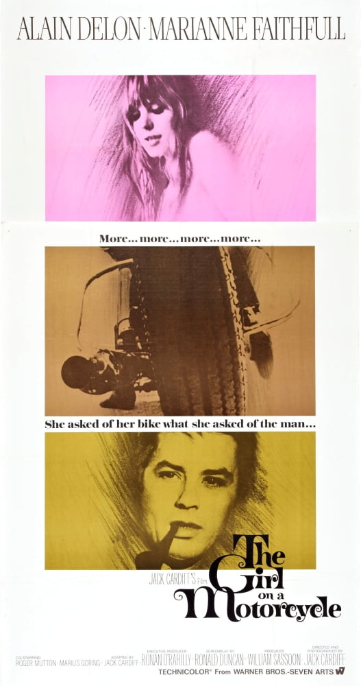The Girl On A Motorcycle movie poster featuring Marianne Faithfull and Alain Delon, 1968.
