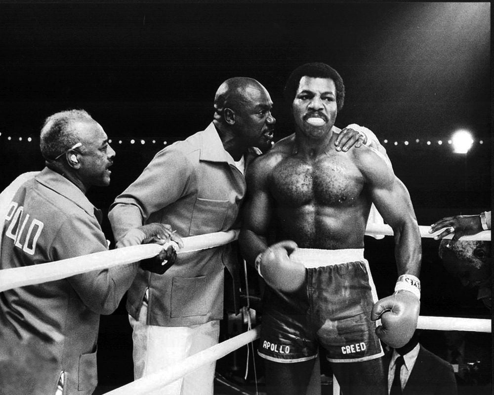 Rocky II black and white photo print featuring Carl Weathers, Tony Burton, and Hank Rolike.