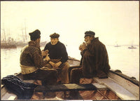 Boatmen of Barcelona art print by Dionisio Baixeras y Verdaguer, featuring coastal life.