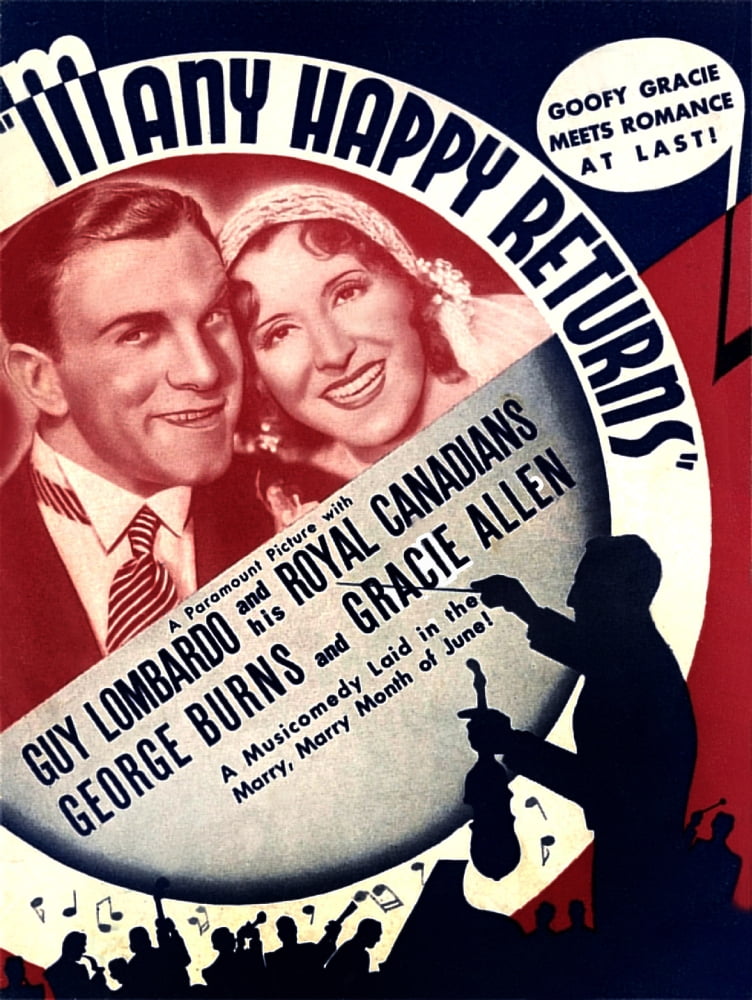'Many Happy Returns' 1934 movie masterprint poster featuring George Burns, Gracie Allen, and Guy Lombardo.