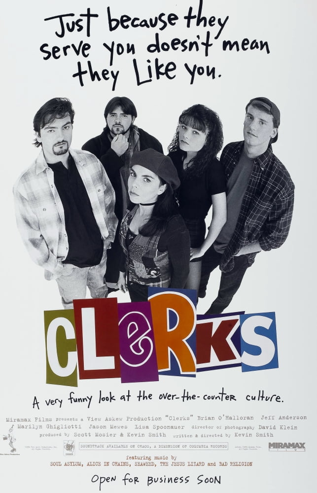 Clerks movie poster print featuring Brian O'Halloran and cast members.