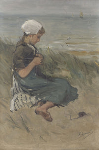 Girl Knitting in the Dunes watercolor painting by Bernardus Johannes Blommers.