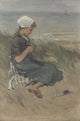 Girl Knitting in the Dunes watercolor painting by Bernardus Johannes Blommers.