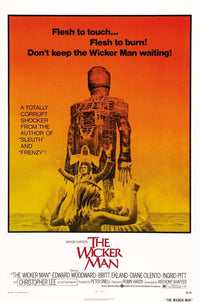 The Wicker Man 1973 movie poster featuring Christopher Lee, Diane Cilento, and Britt Ekland.