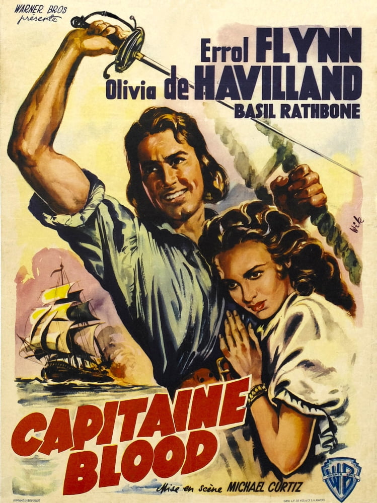 Captain Blood movie poster featuring Errol Flynn and Olivia De Havilland, 1935 classic film art.