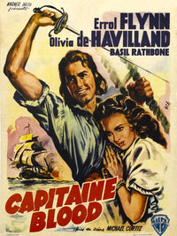 Captain Blood movie poster featuring Errol Flynn and Olivia De Havilland, 1935 classic film art.