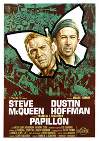 Papillon movie poster featuring Steve McQueen and Dustin Hoffman, 1973 Italian poster art.