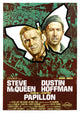 Papillon movie poster featuring Steve McQueen and Dustin Hoffman, 1973 Italian poster art.