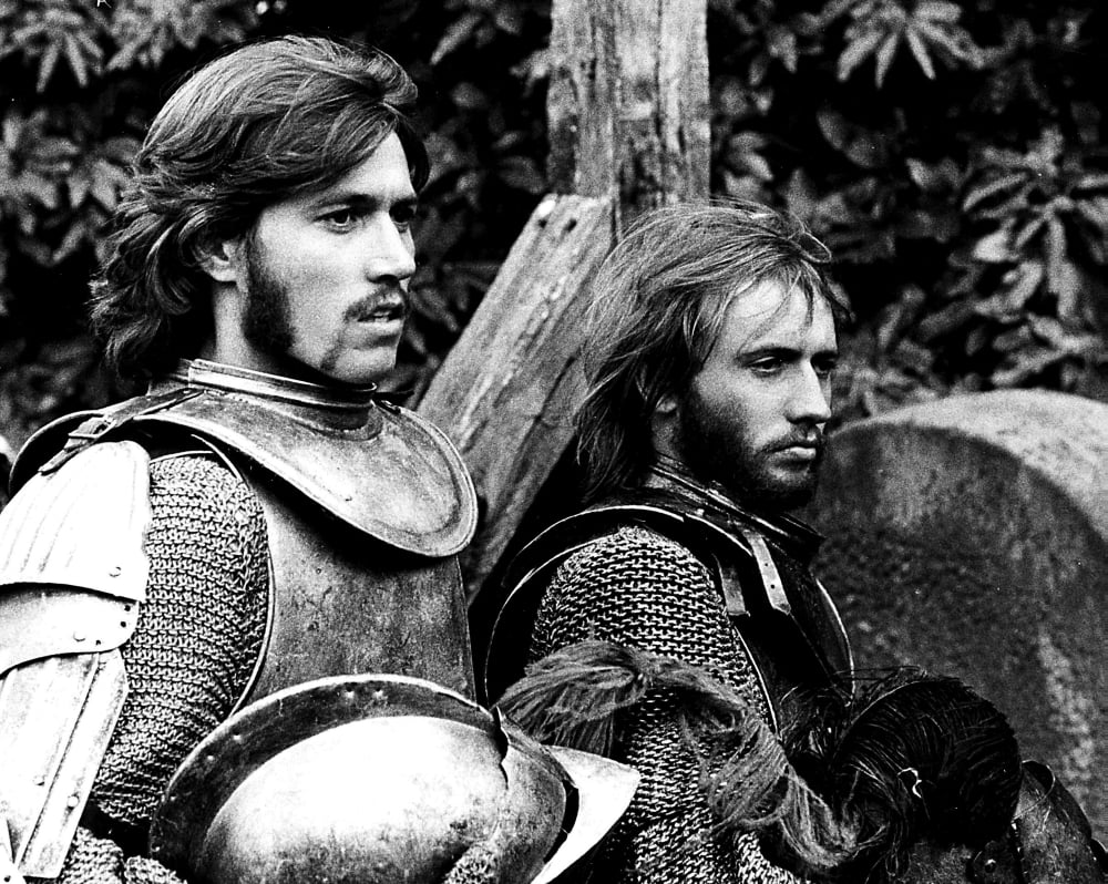 Maurice and Barry Gibb wearing medieval armor photo print.