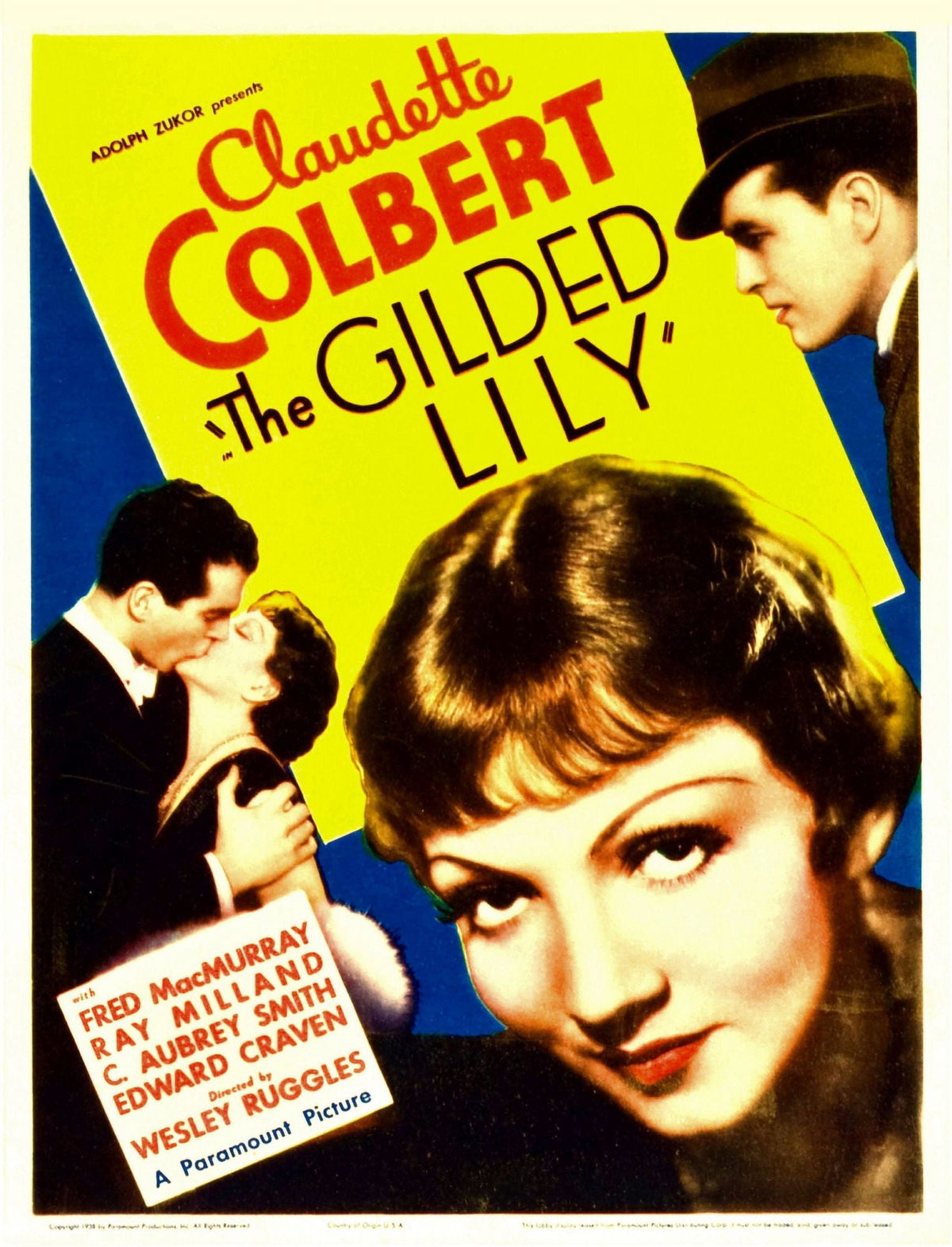 The Gilded Lily movie poster print featuring Fred MacMurray, Claudette Colbert, and Ray Milland, 1935.