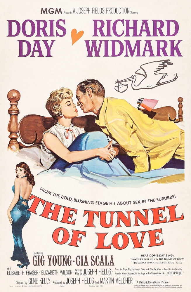 The Tunnel of Love 1958 movie masterprint poster featuring Gia Scala, Doris Day, and Richard Widmark, 11x17 inches.