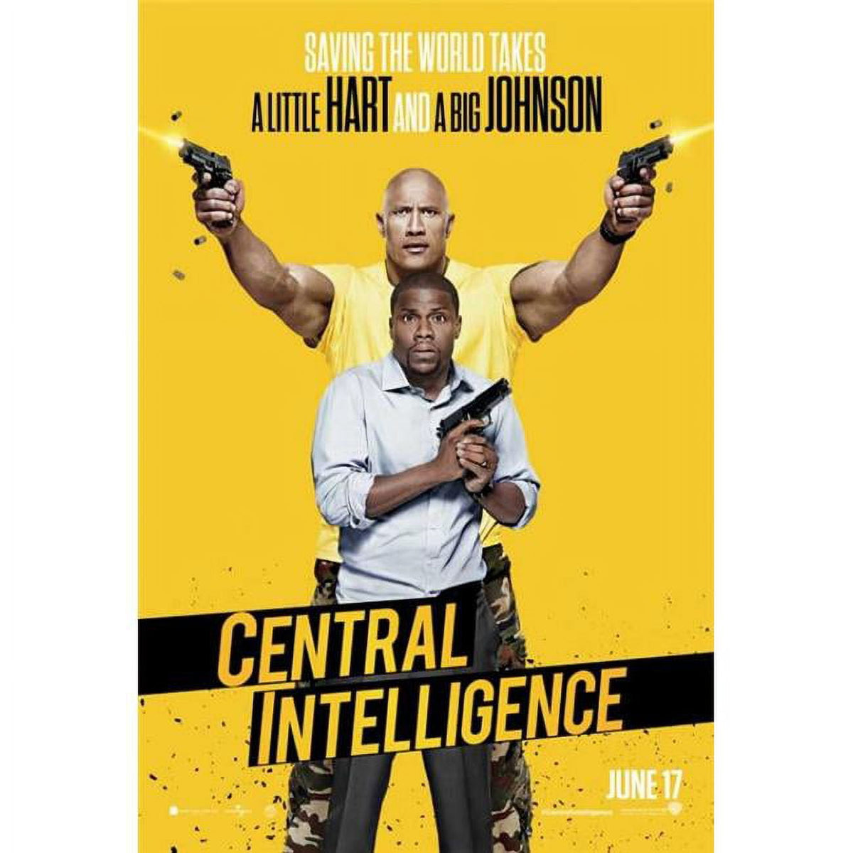 Central Intelligence movie poster featuring Dwayne Johnson and Kevin Hart in vibrant colors.