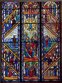 Singing Windows stained glass poster print by Carol Highsmith, showcasing vibrant colors and intricate design.