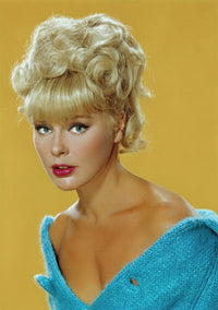Elke Sommer photo print with blue top and yellow background, available in multiple sizes.