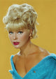 Elke Sommer photo print with blue top and yellow background, available in multiple sizes.