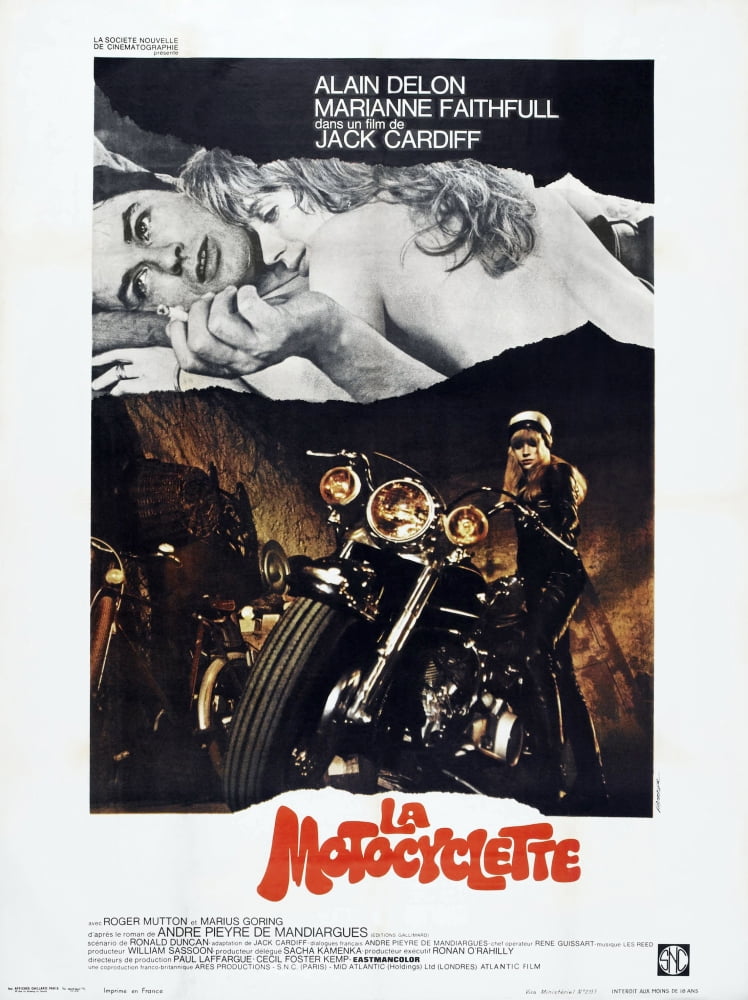 The Girl On A Motorcycle movie poster featuring Alain Delon and Marianne Faithfull.