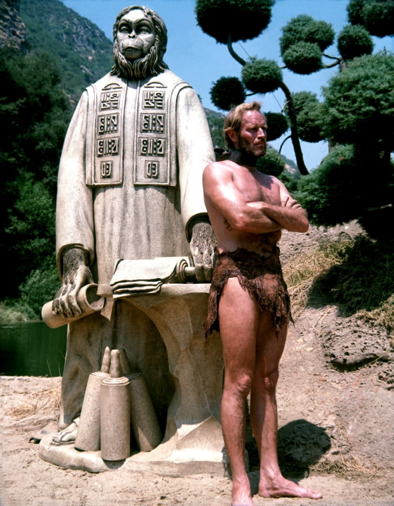 Planet of the Apes photo print, iconic movie scene, available in various sizes.