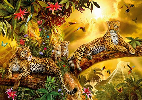 Jungle Jaguars Poster Print by Jan Patrick featuring vibrant jaguars in a lush jungle setting.